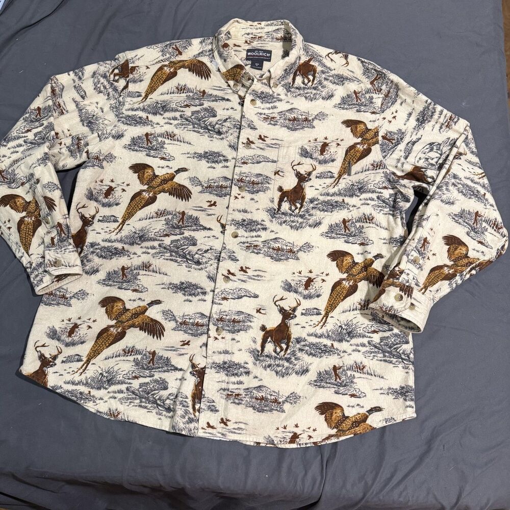 Woolrich Shirt Mens XL White Long Sleeve Flannel Hunting Wildlife Button Up‎